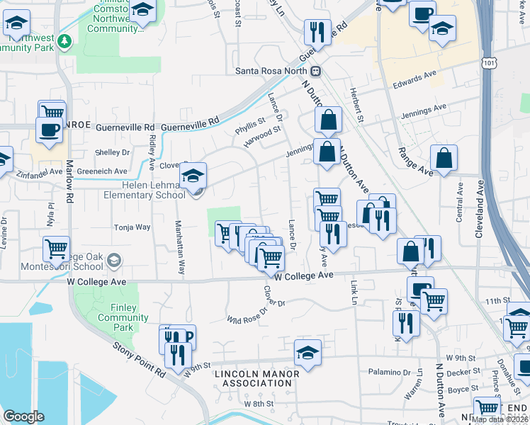 map of restaurants, bars, coffee shops, grocery stores, and more near 1236 Clover Drive in Santa Rosa