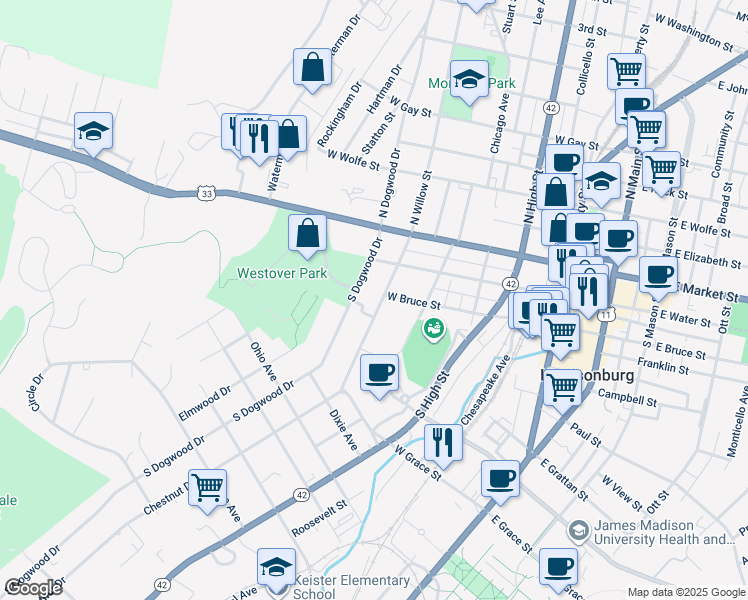 map of restaurants, bars, coffee shops, grocery stores, and more near 217-237 South Willow Street in Harrisonburg