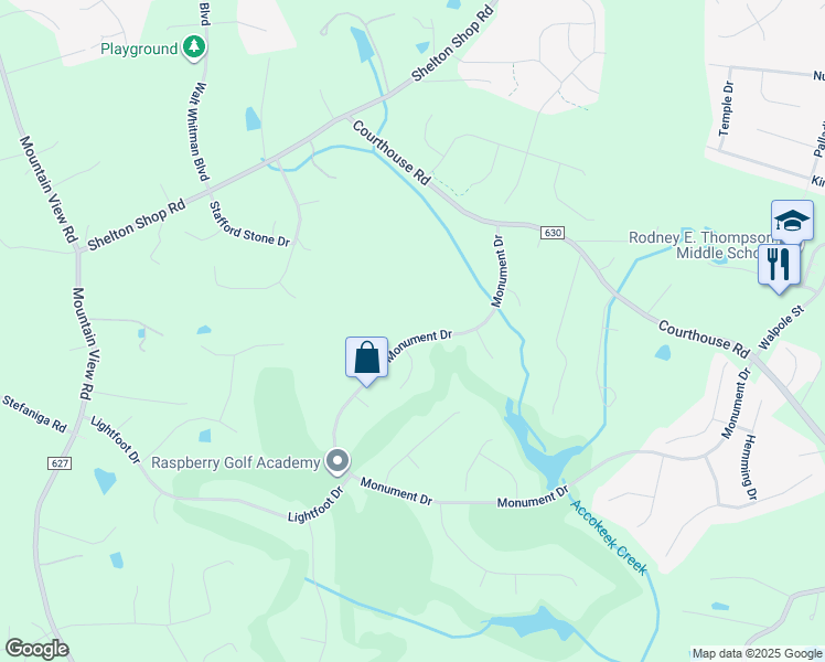 map of restaurants, bars, coffee shops, grocery stores, and more near 32 Monument Drive in Stafford