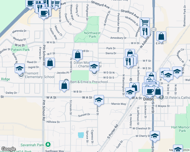map of restaurants, bars, coffee shops, grocery stores, and more near 355 North Almond Street in Dixon
