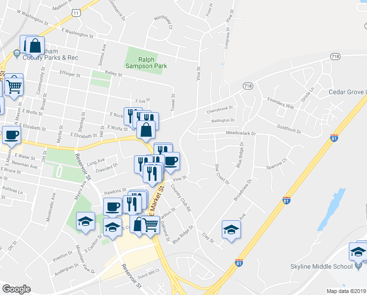 map of restaurants, bars, coffee shops, grocery stores, and more near 835 Vine Street in Harrisonburg