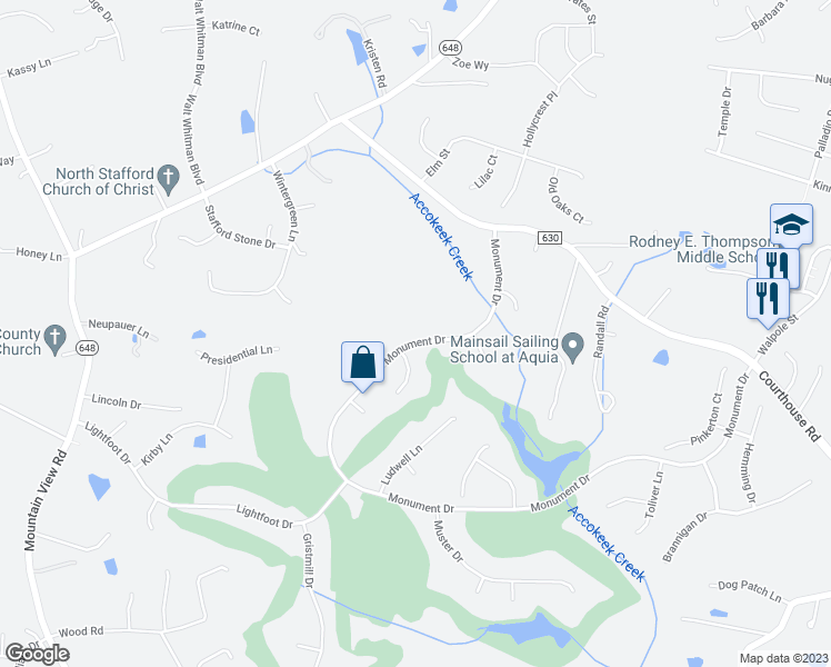 map of restaurants, bars, coffee shops, grocery stores, and more near 30 Monument Drive in Stafford