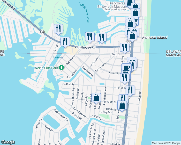 map of restaurants, bars, coffee shops, grocery stores, and more near 14141 Sea Captain in Ocean City