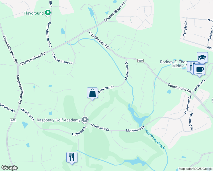 map of restaurants, bars, coffee shops, grocery stores, and more near 30 Monument Drive in Stafford