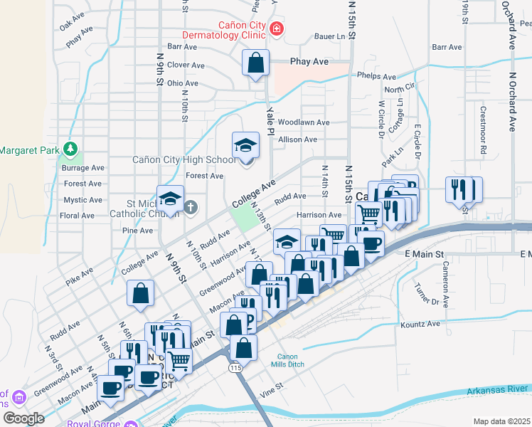 map of restaurants, bars, coffee shops, grocery stores, and more near 1302 Rudd Avenue in Cañon City