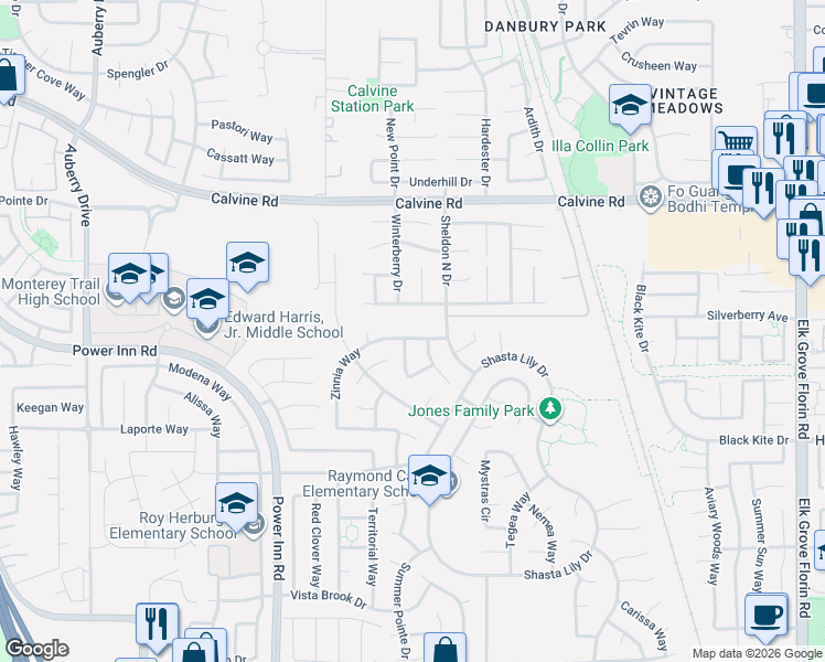 map of restaurants, bars, coffee shops, grocery stores, and more near 8571 Zinnia Way in Elk Grove
