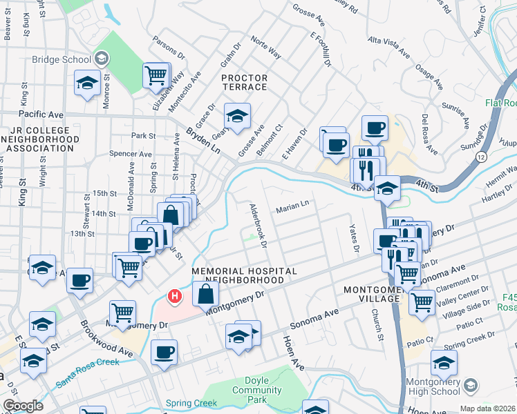 map of restaurants, bars, coffee shops, grocery stores, and more near 149 Sherwood Drive in Santa Rosa