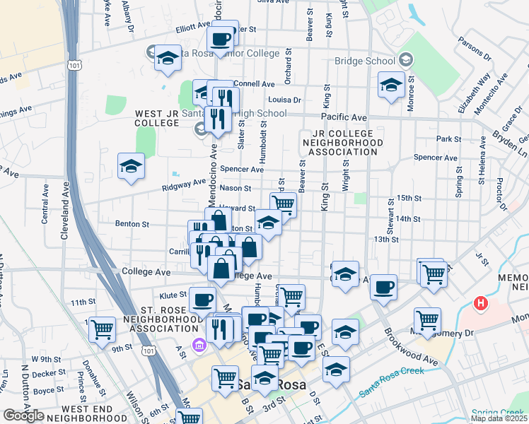 map of restaurants, bars, coffee shops, grocery stores, and more near 807 Humboldt Street in Santa Rosa