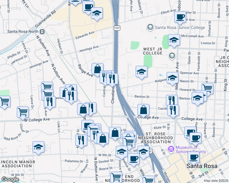 map of restaurants, bars, coffee shops, grocery stores, and more near 1239 Cleveland Avenue in Santa Rosa