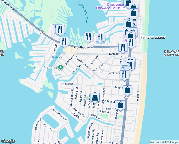 map of restaurants, bars, coffee shops, grocery stores, and more near 14141 Sea Captain in Ocean City