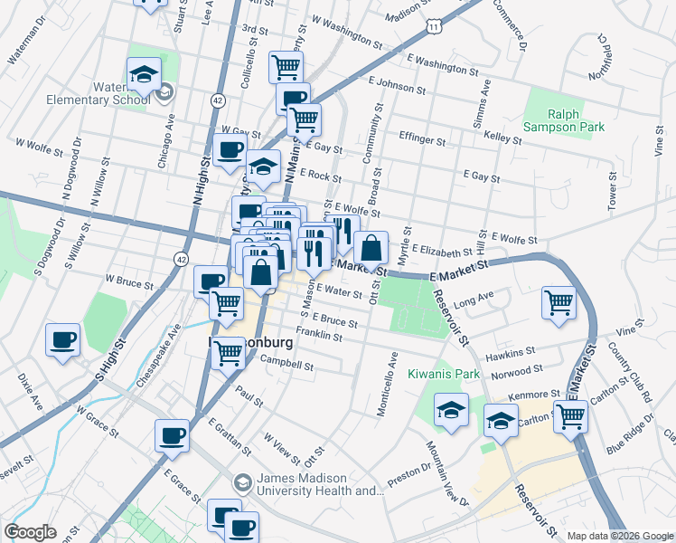 map of restaurants, bars, coffee shops, grocery stores, and more near 242 East Water Street in Harrisonburg