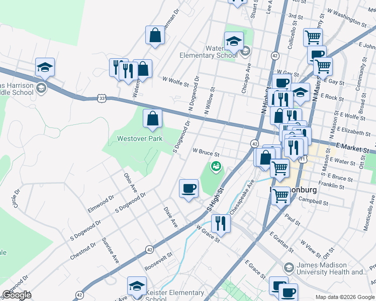 map of restaurants, bars, coffee shops, grocery stores, and more near 217-237 South Willow Street in Harrisonburg