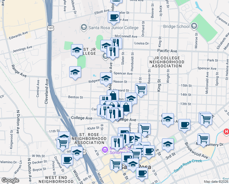 map of restaurants, bars, coffee shops, grocery stores, and more near 529 Benton Street in Santa Rosa