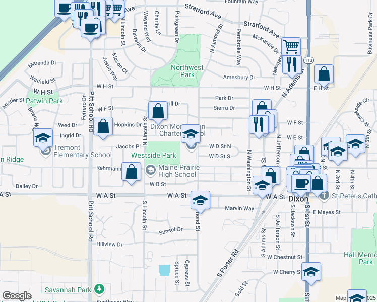 map of restaurants, bars, coffee shops, grocery stores, and more near 355 North Almond Street in Dixon