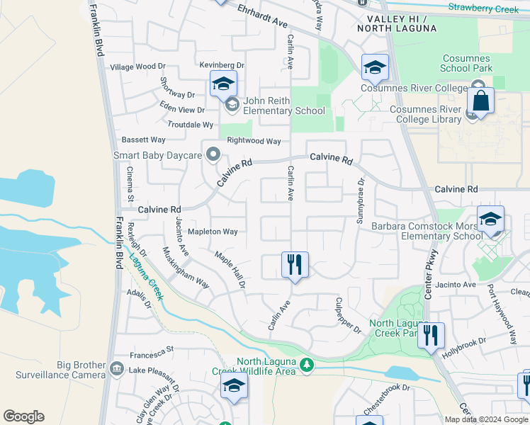 map of restaurants, bars, coffee shops, grocery stores, and more near 5929 Sawyer Circle in Sacramento