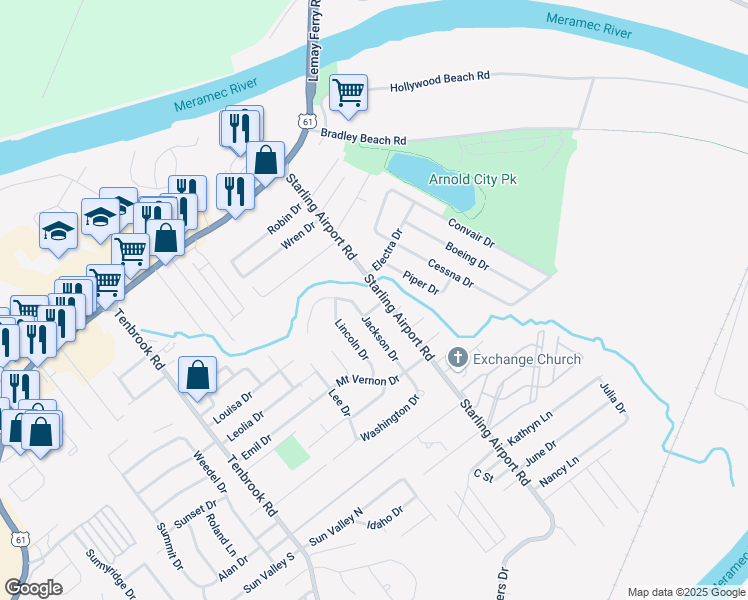 map of restaurants, bars, coffee shops, grocery stores, and more near 2299 Jackson Drive in Arnold