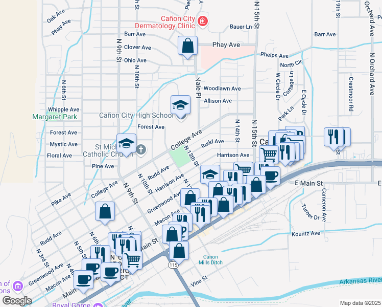 map of restaurants, bars, coffee shops, grocery stores, and more near 1300-1302 Rudd Avenue in Cañon City