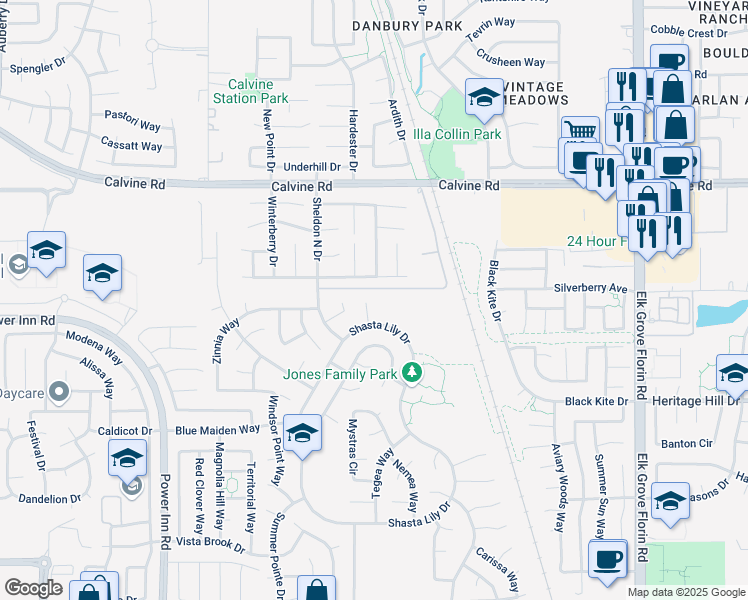 map of restaurants, bars, coffee shops, grocery stores, and more near 8523 Pinedrops Court in Elk Grove