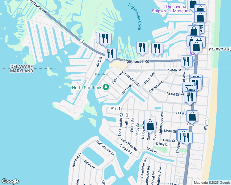 map of restaurants, bars, coffee shops, grocery stores, and more near 709A Kelly Road in Ocean City
