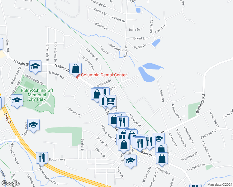 map of restaurants, bars, coffee shops, grocery stores, and more near 619 North Briegel Street in Columbia