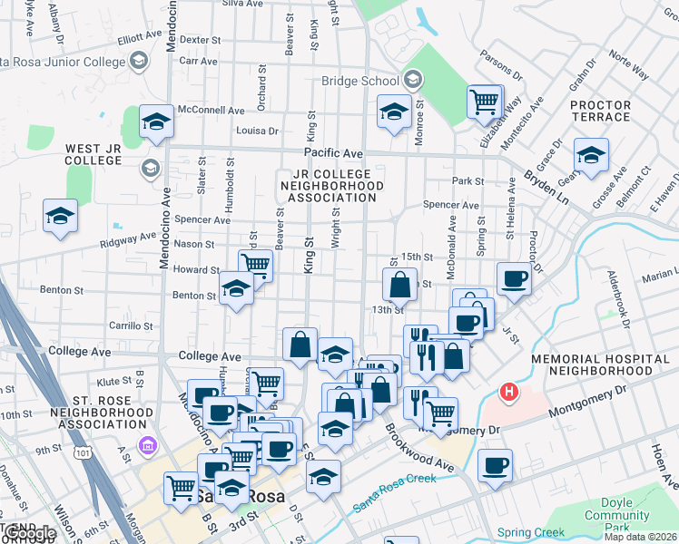 map of restaurants, bars, coffee shops, grocery stores, and more near 1024 14th Street in Santa Rosa