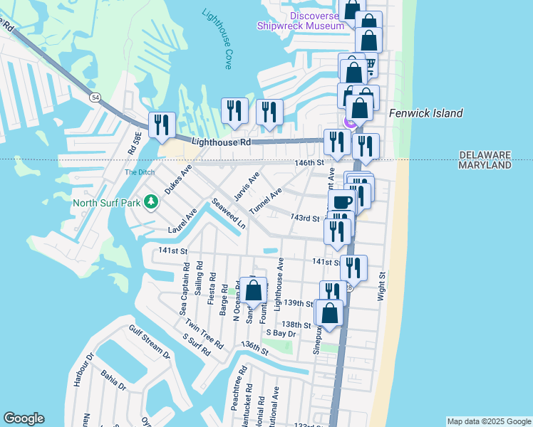 map of restaurants, bars, coffee shops, grocery stores, and more near 14106 Tunnel Avenue in Ocean City