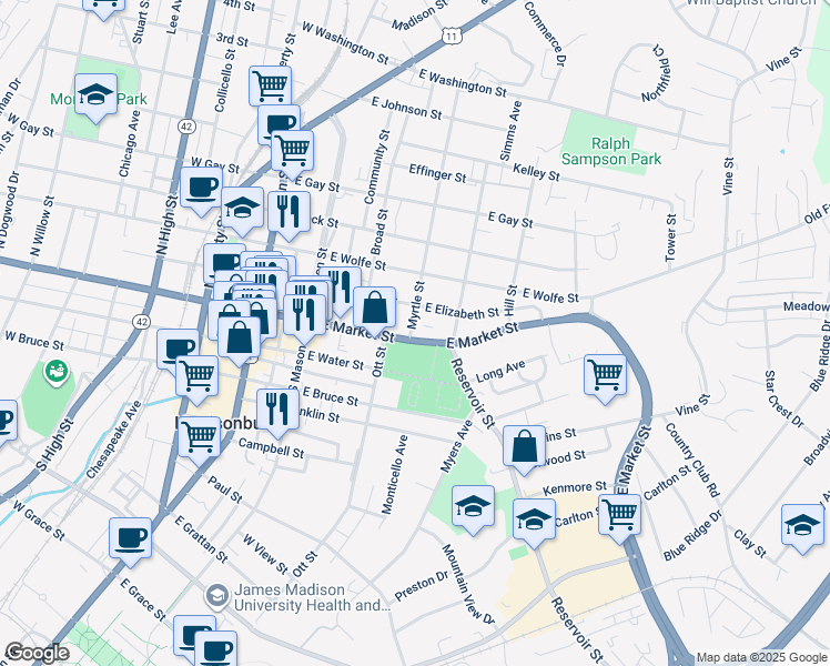 map of restaurants, bars, coffee shops, grocery stores, and more near 401-433 E Market St in Harrisonburg