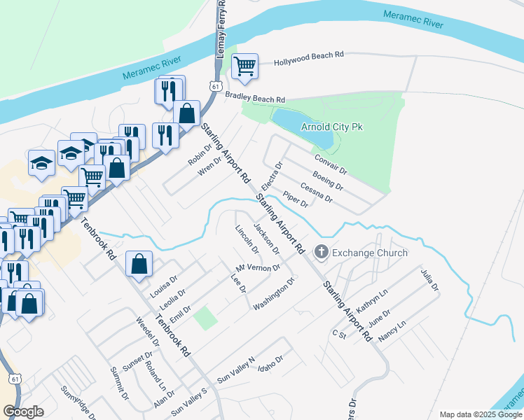 map of restaurants, bars, coffee shops, grocery stores, and more near 2299 Jackson Drive in Arnold