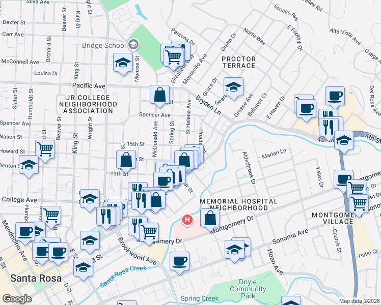 map of restaurants, bars, coffee shops, grocery stores, and more near 829 Saint Helena Avenue in Santa Rosa