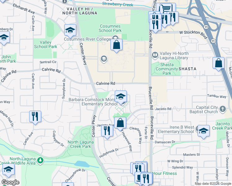 map of restaurants, bars, coffee shops, grocery stores, and more near 8467 Dartford Drive in Sacramento
