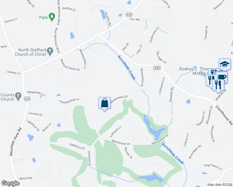 map of restaurants, bars, coffee shops, grocery stores, and more near 32 Monument Drive in Stafford