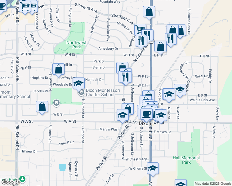 map of restaurants, bars, coffee shops, grocery stores, and more near 400 North Washington Street in Dixon