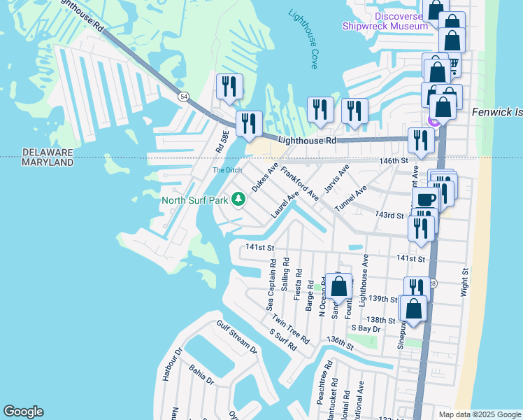 map of restaurants, bars, coffee shops, grocery stores, and more near 709A Kelly Road in Ocean City