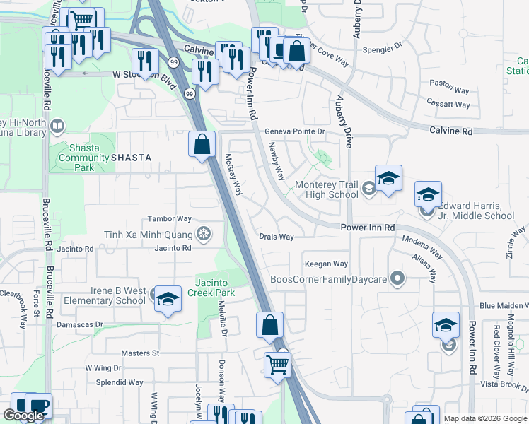 map of restaurants, bars, coffee shops, grocery stores, and more near 8491 Orchard Creek Way in Elk Grove