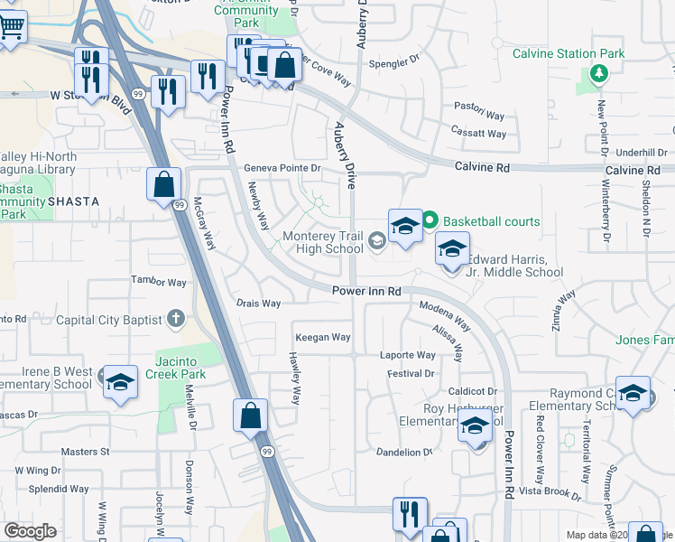 map of restaurants, bars, coffee shops, grocery stores, and more near 8478 Wilmarth Way in Elk Grove