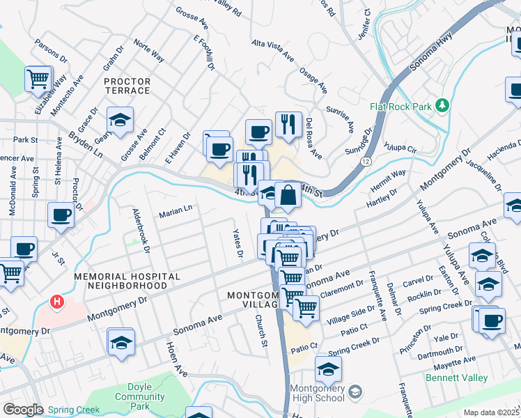 map of restaurants, bars, coffee shops, grocery stores, and more near 2810 4th Street in Santa Rosa