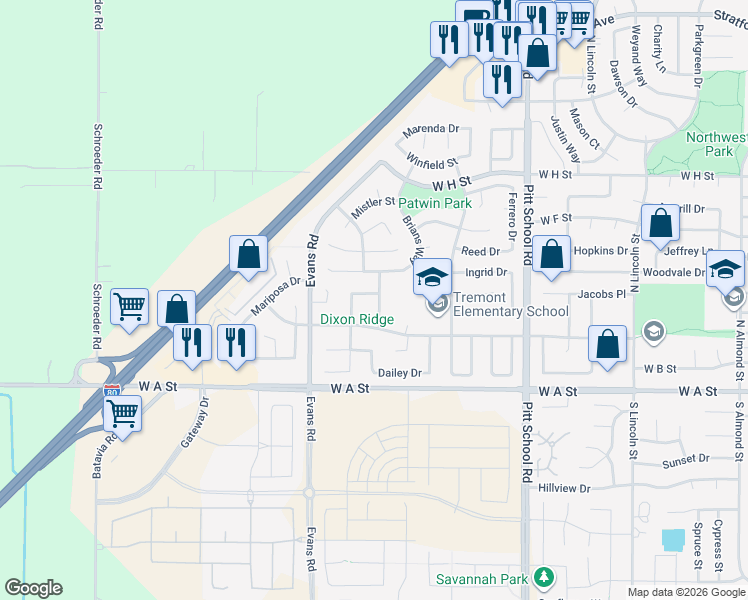 map of restaurants, bars, coffee shops, grocery stores, and more near 1805 Derby Drive in Dixon