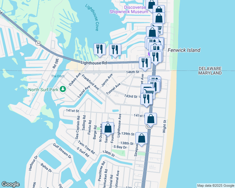 map of restaurants, bars, coffee shops, grocery stores, and more near 14306 Tunnel Avenue in Ocean City