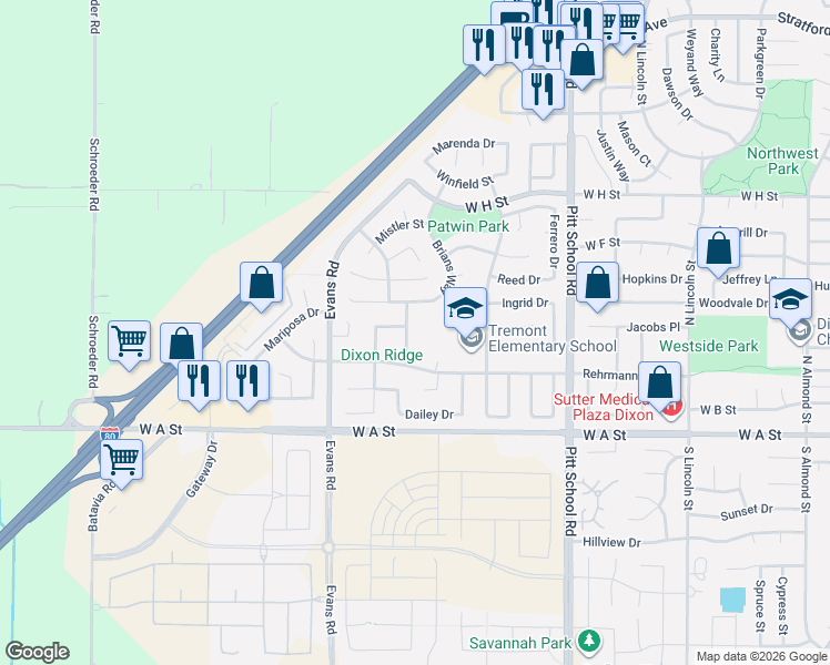 map of restaurants, bars, coffee shops, grocery stores, and more near 380 Manning Way in Dixon