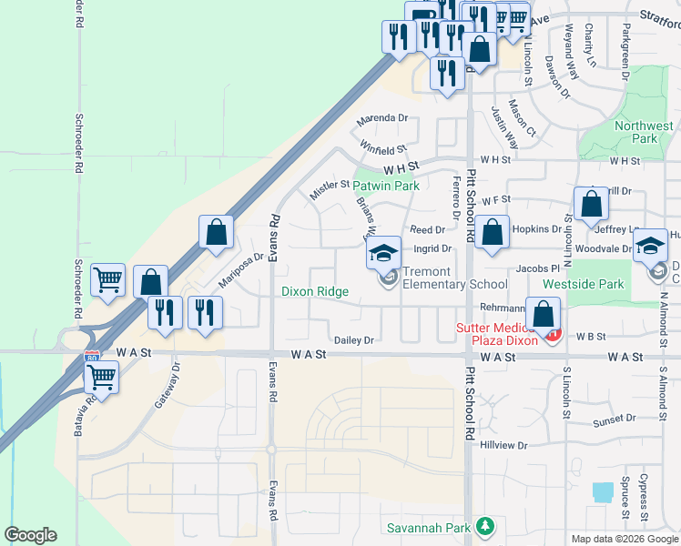map of restaurants, bars, coffee shops, grocery stores, and more near 380 Manning Way in Dixon