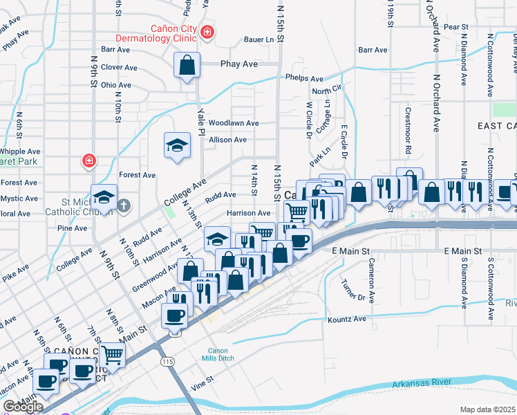 map of restaurants, bars, coffee shops, grocery stores, and more near 319 N 15th St in Cañon City