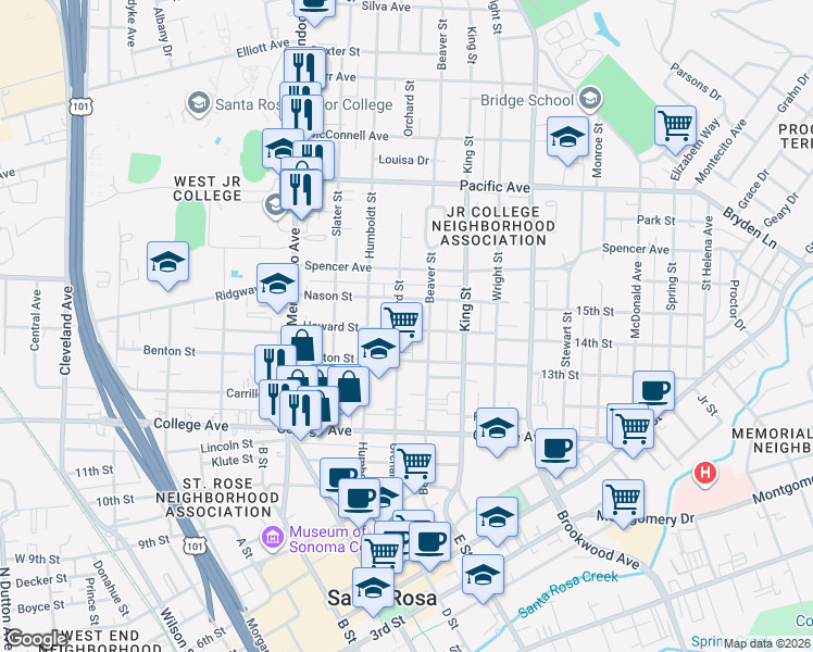 map of restaurants, bars, coffee shops, grocery stores, and more near 923 Orchard Street in Santa Rosa