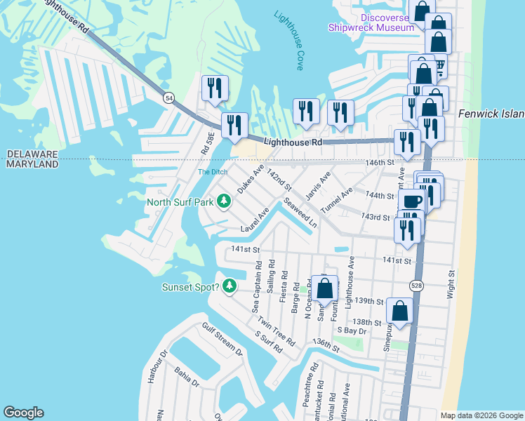 map of restaurants, bars, coffee shops, grocery stores, and more near 710 Hurricane Road in Ocean City