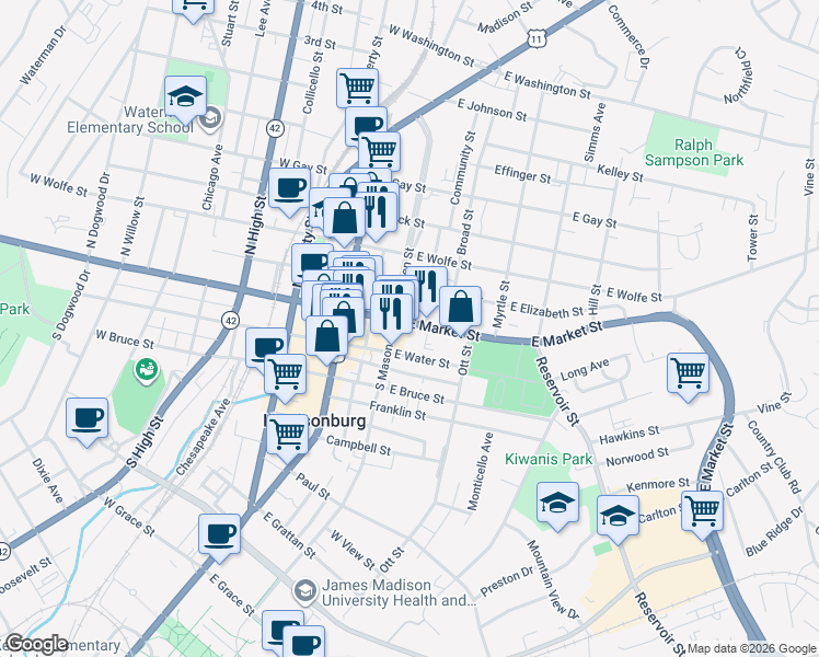 map of restaurants, bars, coffee shops, grocery stores, and more near 250 East Market Street in Harrisonburg