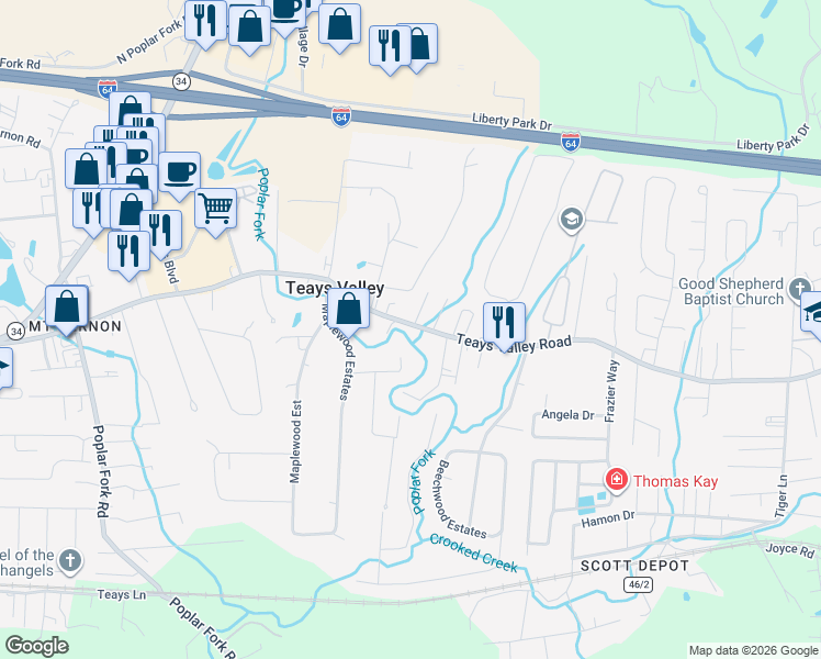 map of restaurants, bars, coffee shops, grocery stores, and more near 5149 Teays Valley Rd in Scott Depot