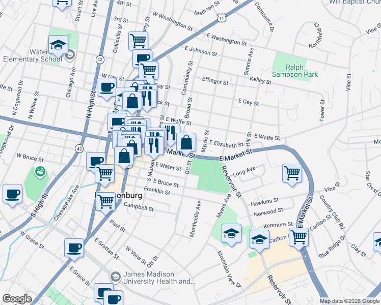 map of restaurants, bars, coffee shops, grocery stores, and more near 352 East Market Street in Harrisonburg