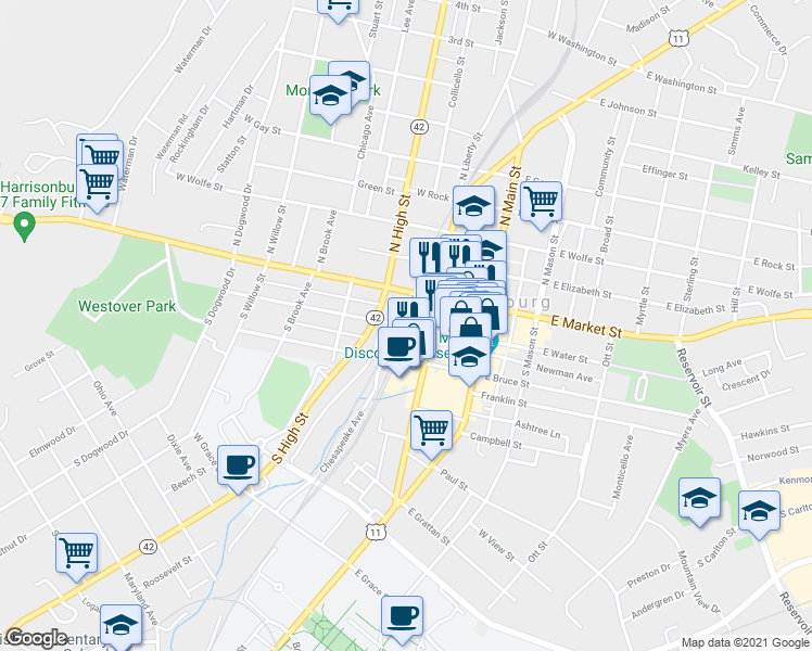 map of restaurants, bars, coffee shops, grocery stores, and more near 126 West Water Street in Harrisonburg