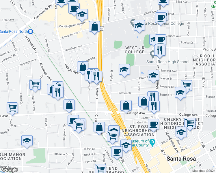 map of restaurants, bars, coffee shops, grocery stores, and more near 140 Ridgway Avenue in Santa Rosa