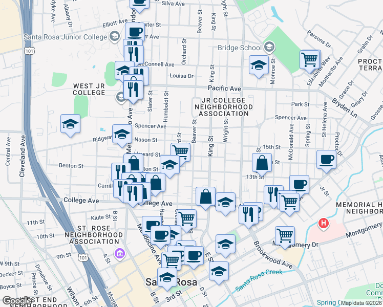 map of restaurants, bars, coffee shops, grocery stores, and more near 928 Beaver Street in Santa Rosa