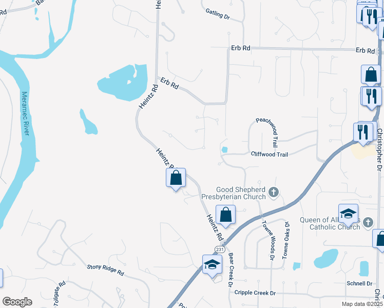map of restaurants, bars, coffee shops, grocery stores, and more near 2927 Sean Parkway in St. Louis